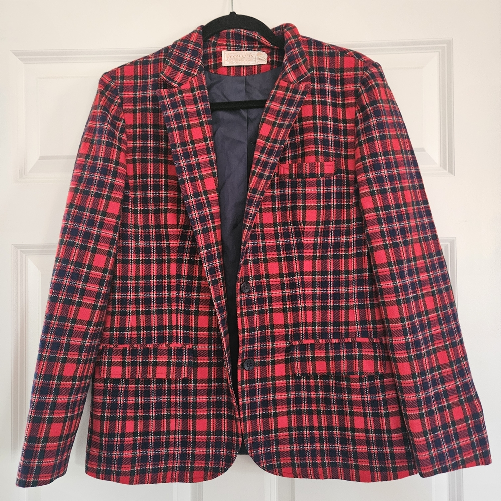 Vintage Pendleton Jacket Womens Medium Red Blue 100% Wool Tartan 80s Made in USA